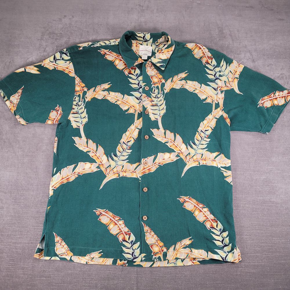 Tommy Bahama Tropical Leaf Print Hawaiian Button Down Shirt Green Palm Leaves XL